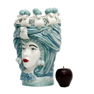 MICALE DI ARCIREALE: Deluxe Moorish Sicilian Head Vase - Woman Teal Tone Accents