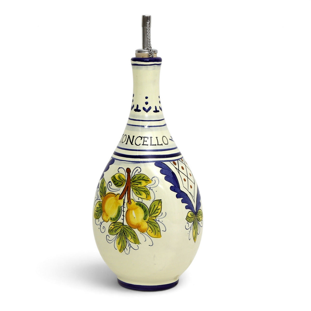 LIMONCELLO: Bottle for Limoncello with Metal Pourer - Blue design (Limoncello liquor not included)