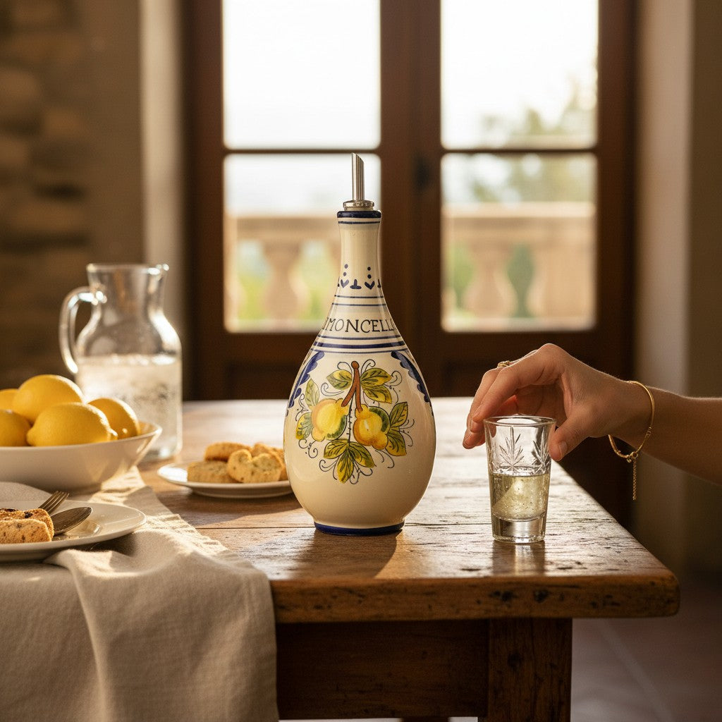 LIMONCELLO: Bottle for Limoncello with Metal Pourer - Blue design (Limoncello liquor not included)
