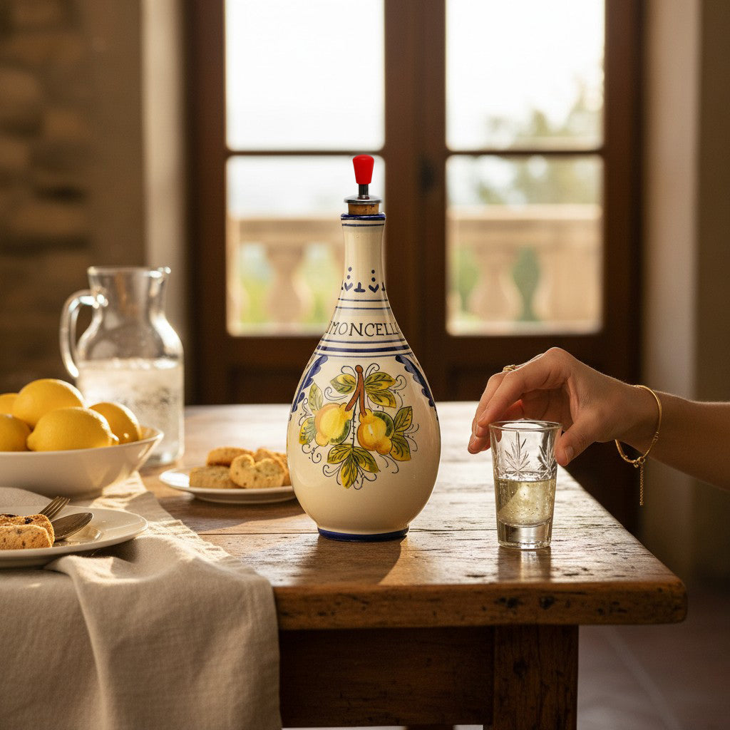 LIMONCELLO: Bottle for Limoncello with Metal Pourer - Blue design (Limoncello liquor not included)