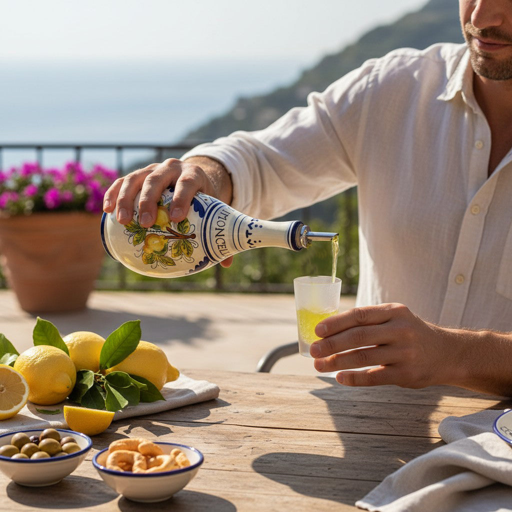 LIMONCELLO: Bottle for Limoncello with Metal Pourer - Blue design (Limoncello liquor not included)