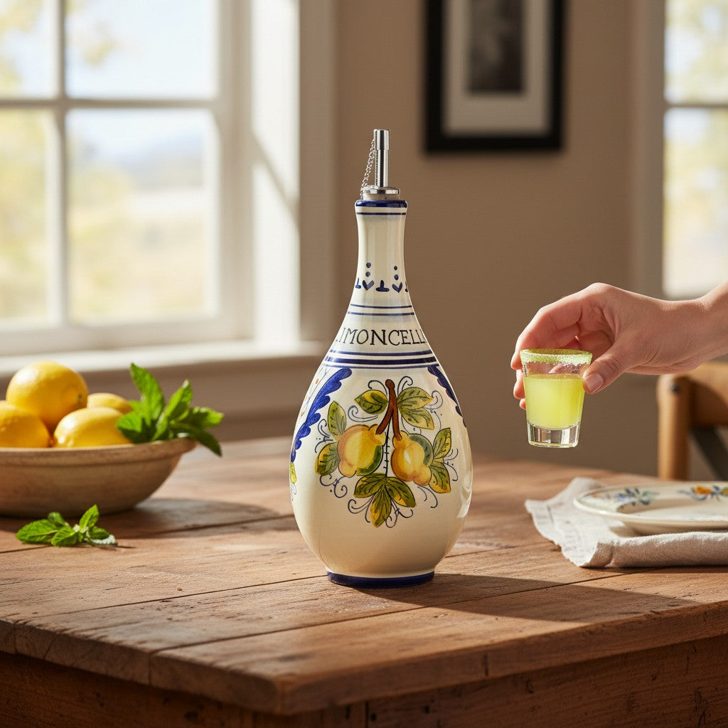 LIMONCELLO: Bottle for Limoncello with Metal Pourer - Blue design (Limoncello liquor not included)