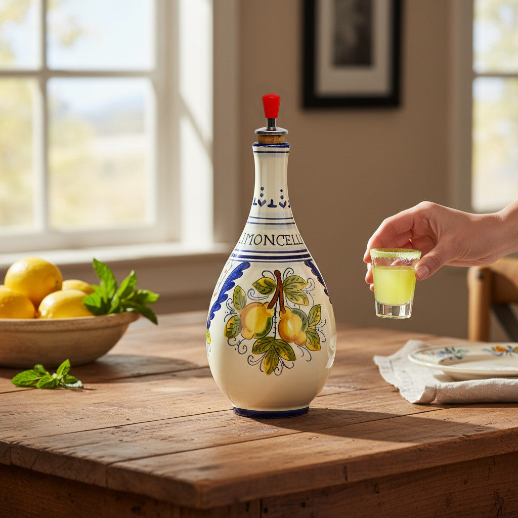 LIMONCELLO: Bottle for Limoncello with Metal Pourer - Blue design (Limoncello liquor not included)