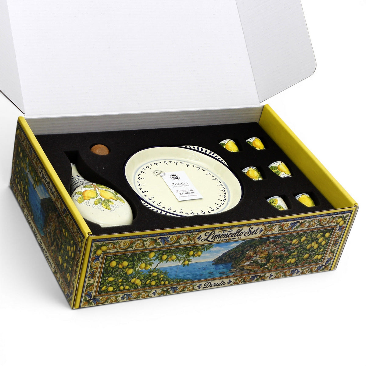 LIMONCELLO: Exclusive Deluxe Gift Box with Ceramic Bottle Dispenser + Tray + 6-Cups!