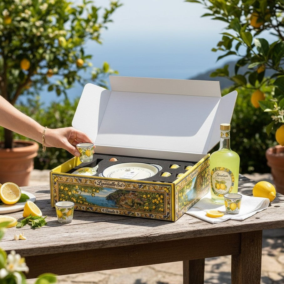 LIMONCELLO: Exclusive Deluxe Gift Box with Ceramic Bottle Dispenser + Tray + 6-Cups!