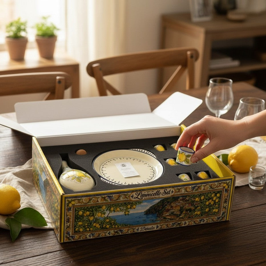 LIMONCELLO: Exclusive Deluxe Gift Box with Ceramic Bottle Dispenser + Tray + 6-Cups!