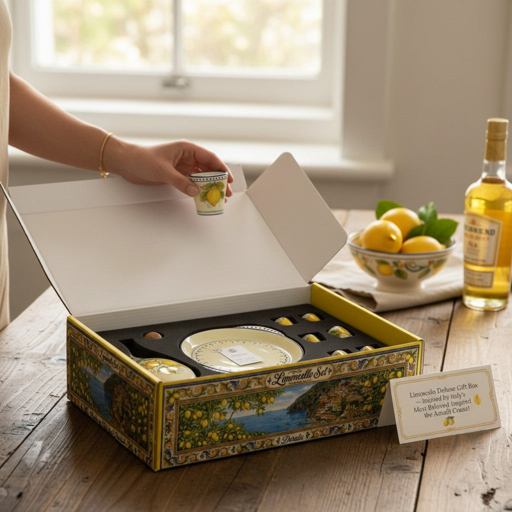 LIMONCELLO: Exclusive Deluxe Gift Box with Ceramic Bottle Dispenser + Tray + 6-Cups!