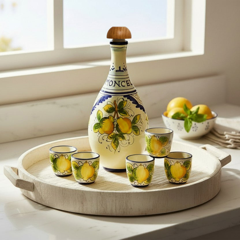 LIMONCELLO: Limoncello Set with Blue trimmings - Bottle with stopper and Tray and 6 Shot Glasses -  (Limoncello liquor not included)