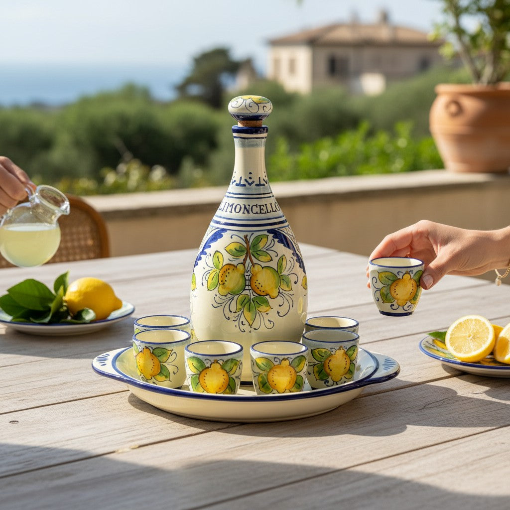 LIMONCELLO: Limoncello Set with Blue trimmings (Bottle with stopper and Tray and 6 Shot Glasses) - Artistica.com
