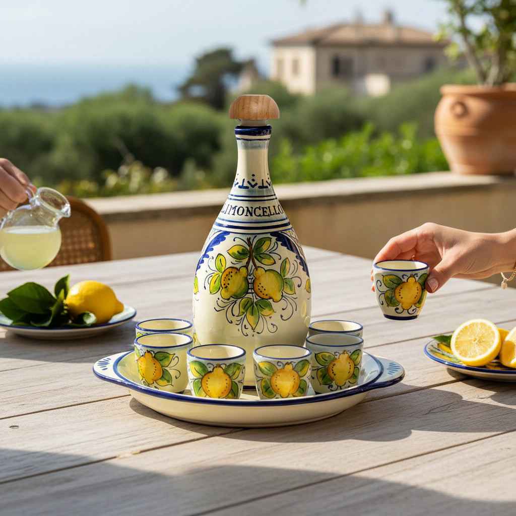 LIMONCELLO: Limoncello Set with Blue trimmings - Bottle with stopper and Tray and 6 Shot Glasses -  (Limoncello liquor not included)