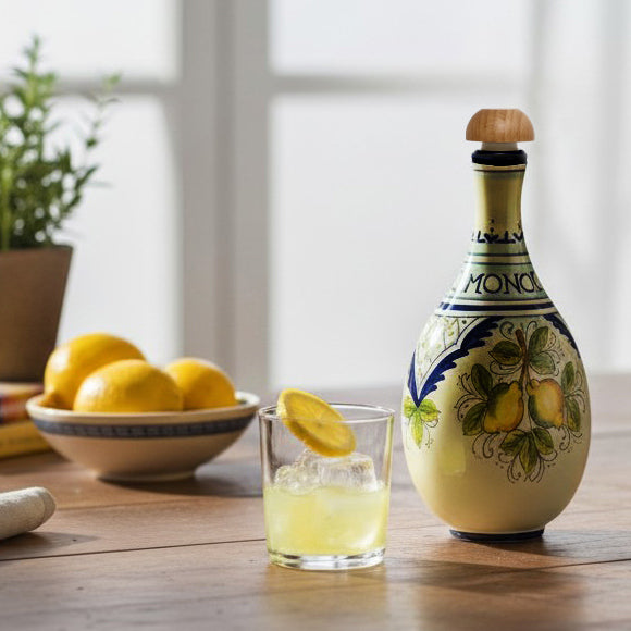 LIMONCELLO: Bottle for Limoncello with Wood Stopper - Blue design (Limoncello liquor not included)