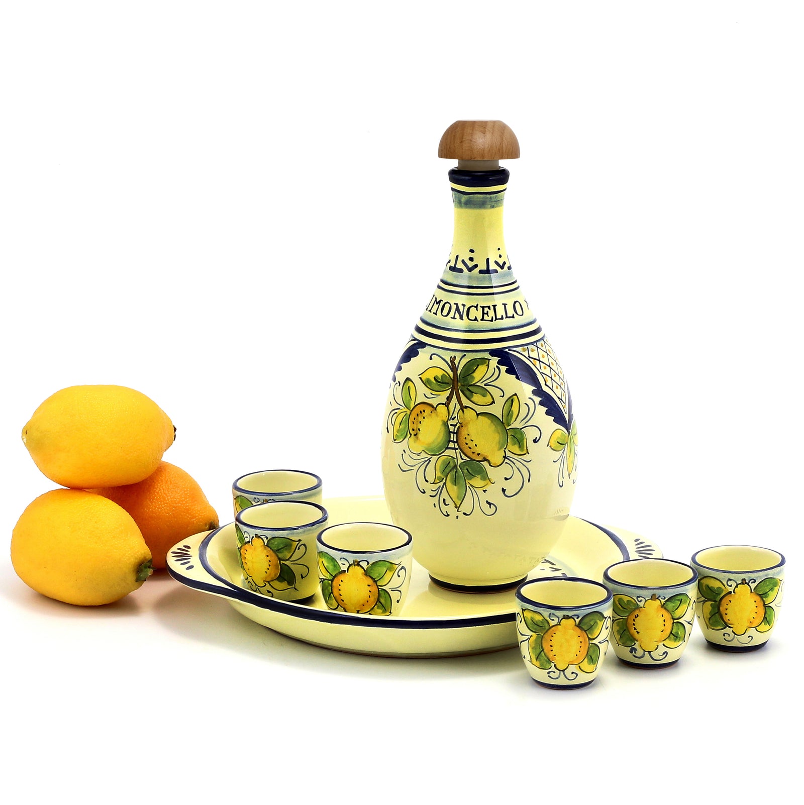 LIMONCELLO: Limoncello Set with Blue trimmings - Bottle with stopper and Tray and 6 Shot Glasses -  (Limoncello liquor not included)