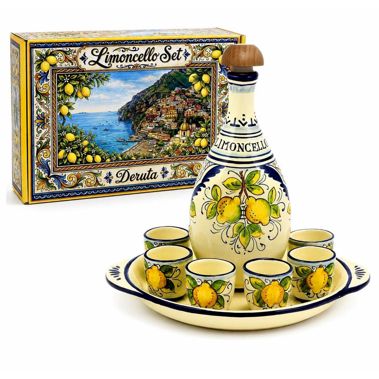 LIMONCELLO DELUXE GIFT BOX: Exclusive Deluxe Gift Box with Ceramic Decanter + Tray + 6-Cups!