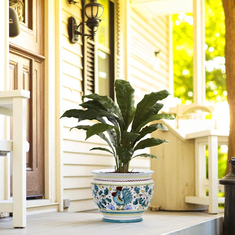 small wide plant pot ORVIETO GREEN ROOSTER: Luxury Cachepot Planter Small