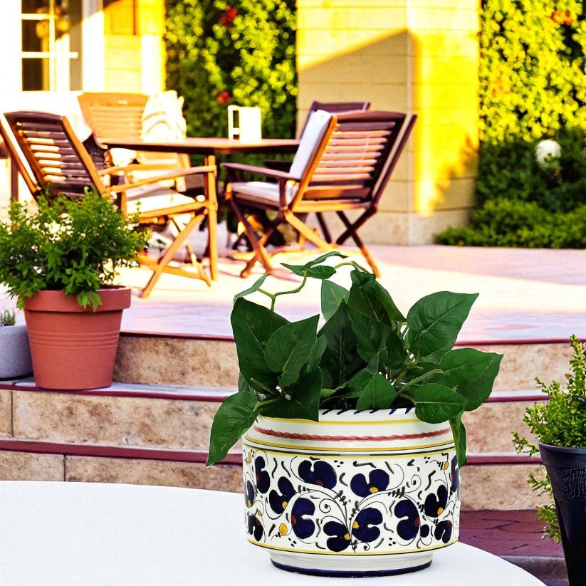 rooster planter pot ORVIETO BLUE ROOSTER: Cylindrical Cover Pot