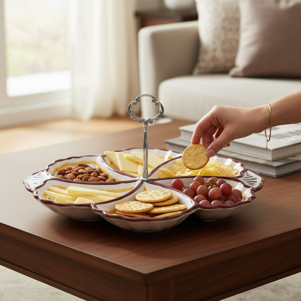 ORVIETO BLUE ROOSTER: Handled Tidbit Snack Tray Fiore/Shell server - Six Compartments