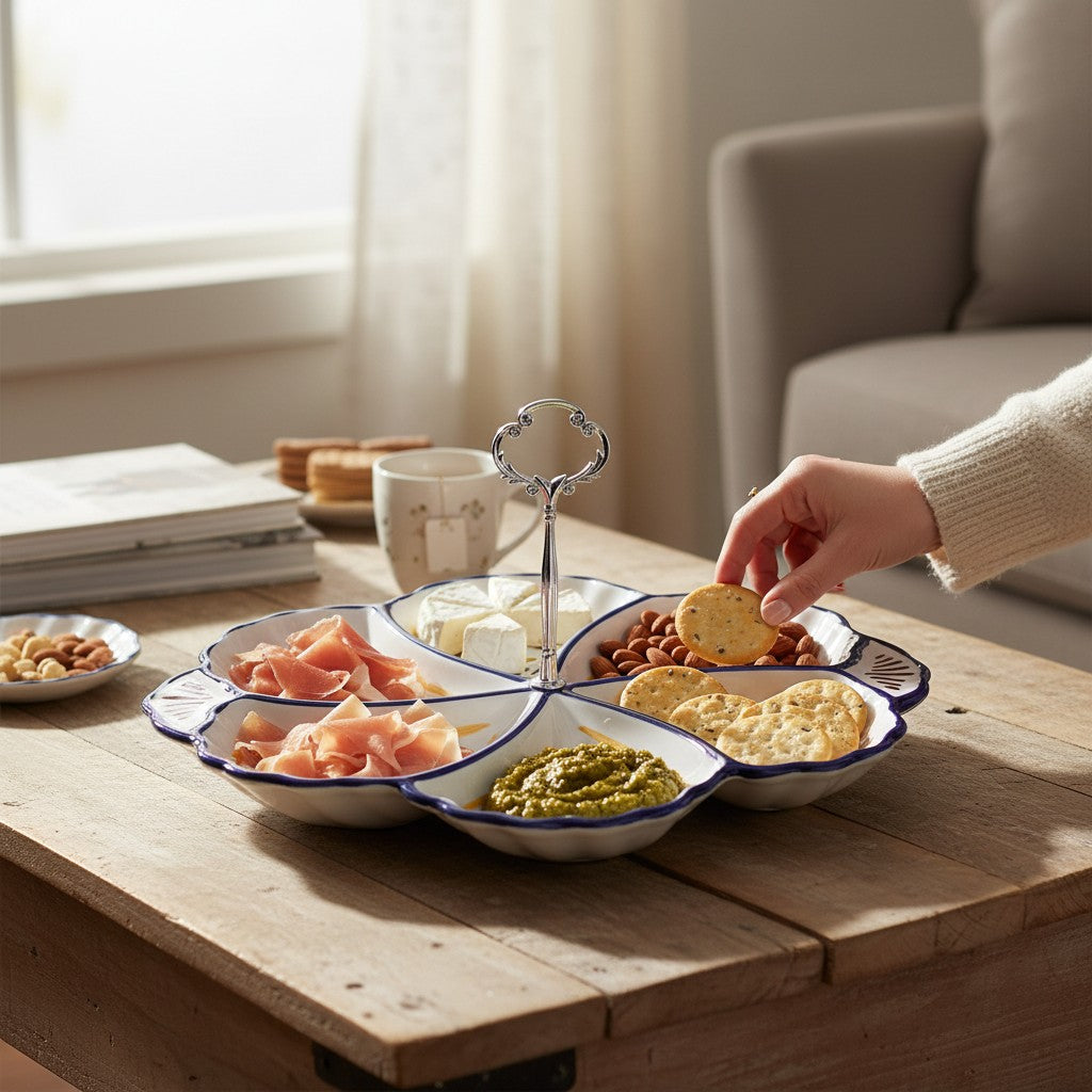 ORVIETO RED ROOSTER: Handled Tidbit Snack Tray Fiore/Shell server - Six Compartments