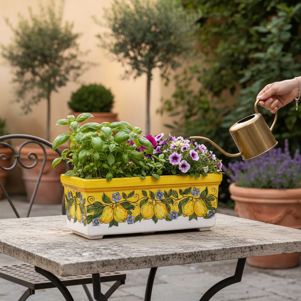 SICILIA: Rectangular Jardiniere from Caltagirone Sicily (Indoor-Outdoor) - YELLOW Lemon Design - Artistica.com
