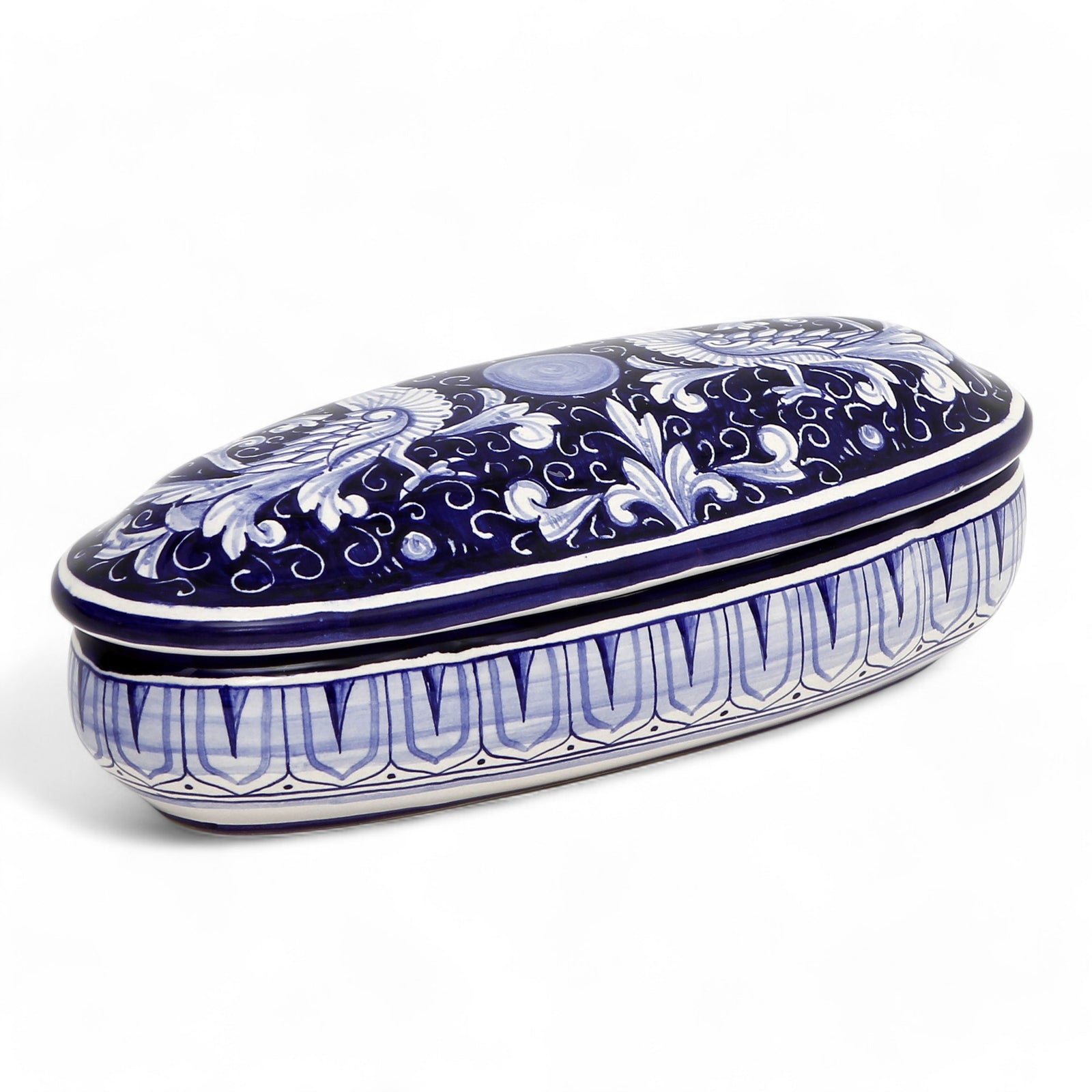 JEWERLY BOX: Authentic Deruta Keepsake Oval Box with Murano Knob - DERUTA FONDO BLU design