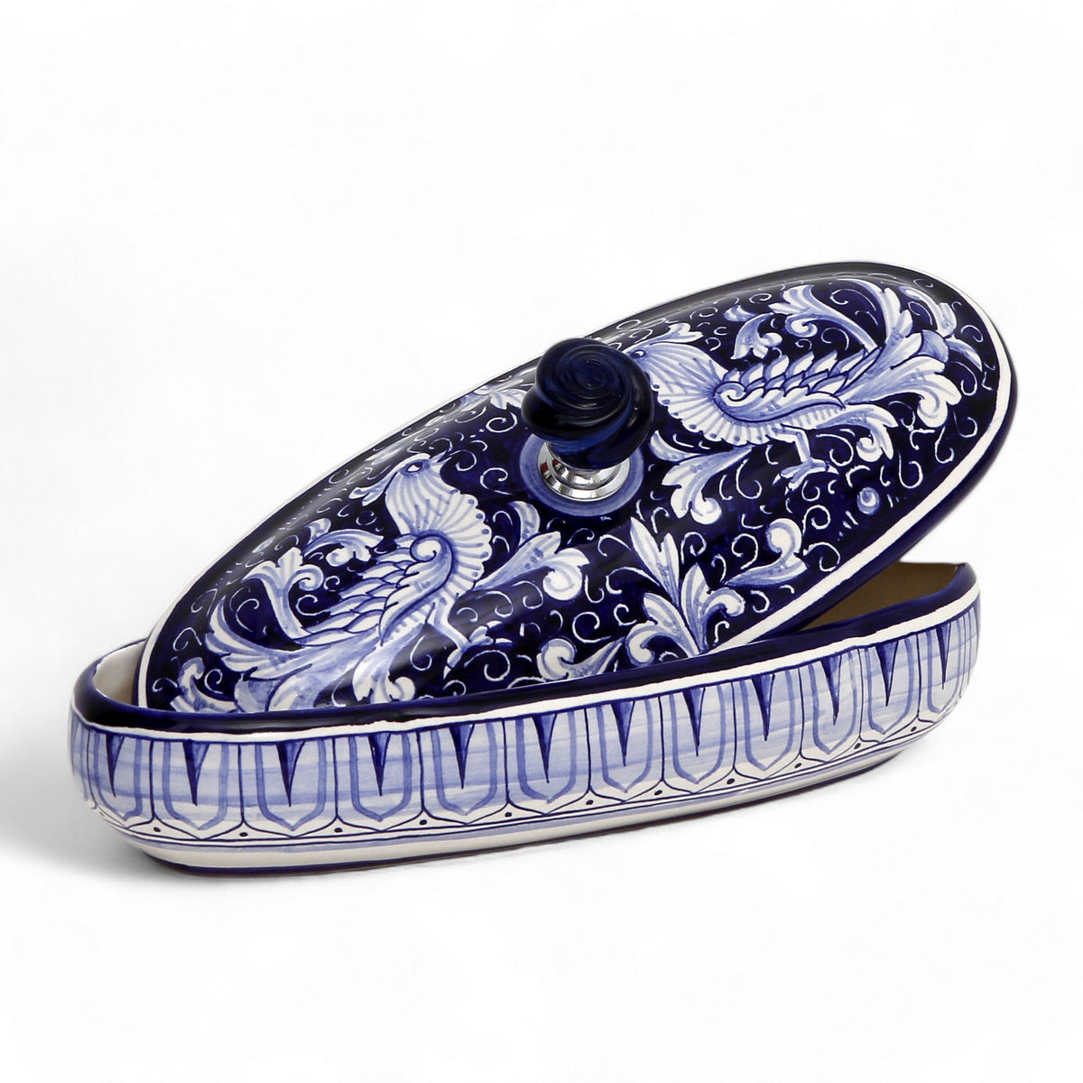 JEWERLY BOX: Authentic Deruta Keepsake Oval Box with Murano Knob - DERUTA FONDO BLU design