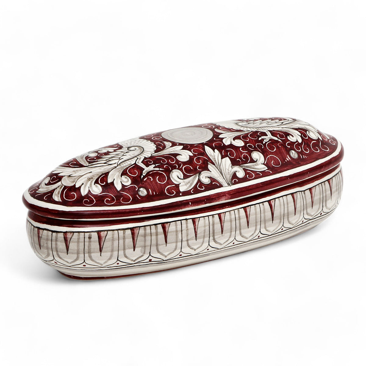 JEWERLY BOX: Authentic Deruta Keepsake Oval Box with Murano Knob - DERUTA FONDO ROSSO design