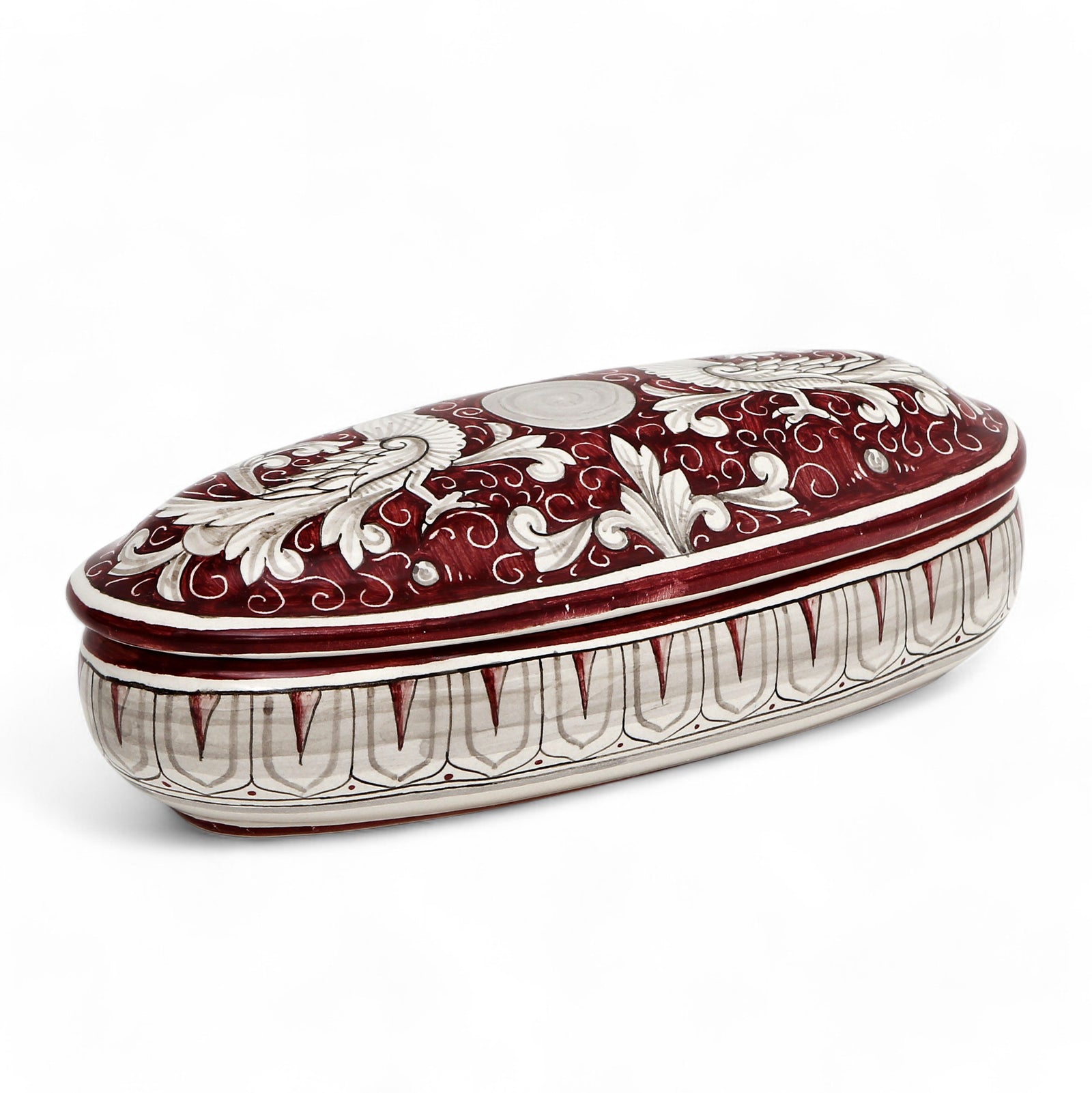 JEWERLY BOX: Authentic Deruta Keepsake Oval Box with Murano Knob - DERUTA FONDO ROSSO design