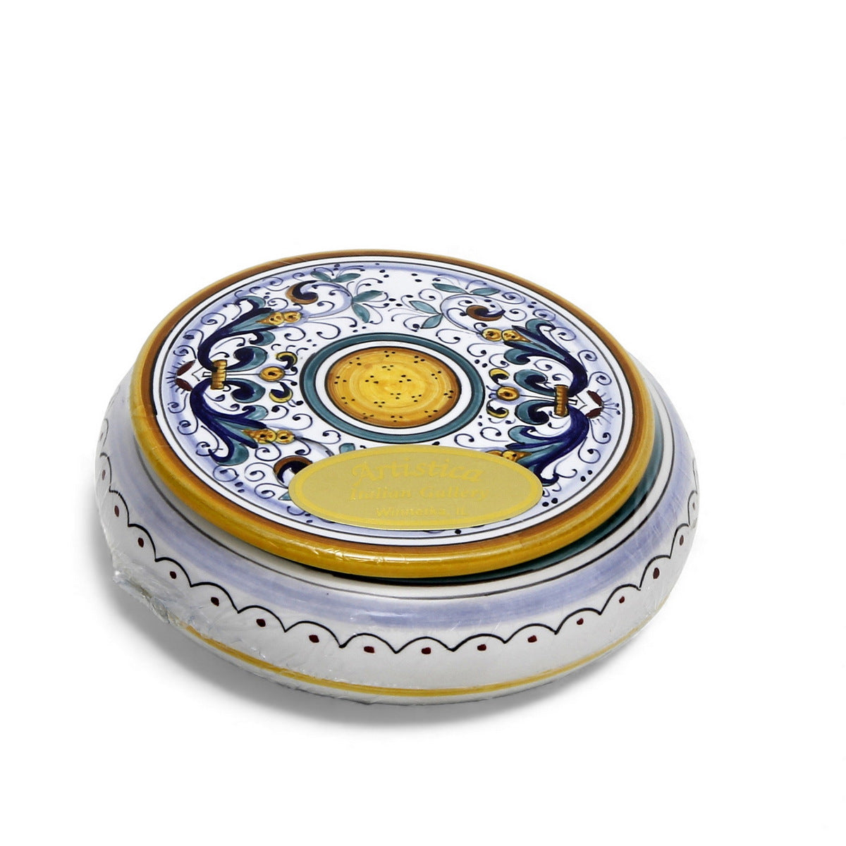 LOVE.ly Deruta Keepsake Round Box with 12 Baci Perugina or 20 ROSSANA Candies - RICCO DERUTA design