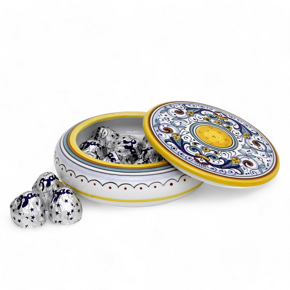 LOVE.ly Deruta Keepsake Round Box with 12 Baci Perugina or 20 ROSSANA Candies - RICCO DERUTA design