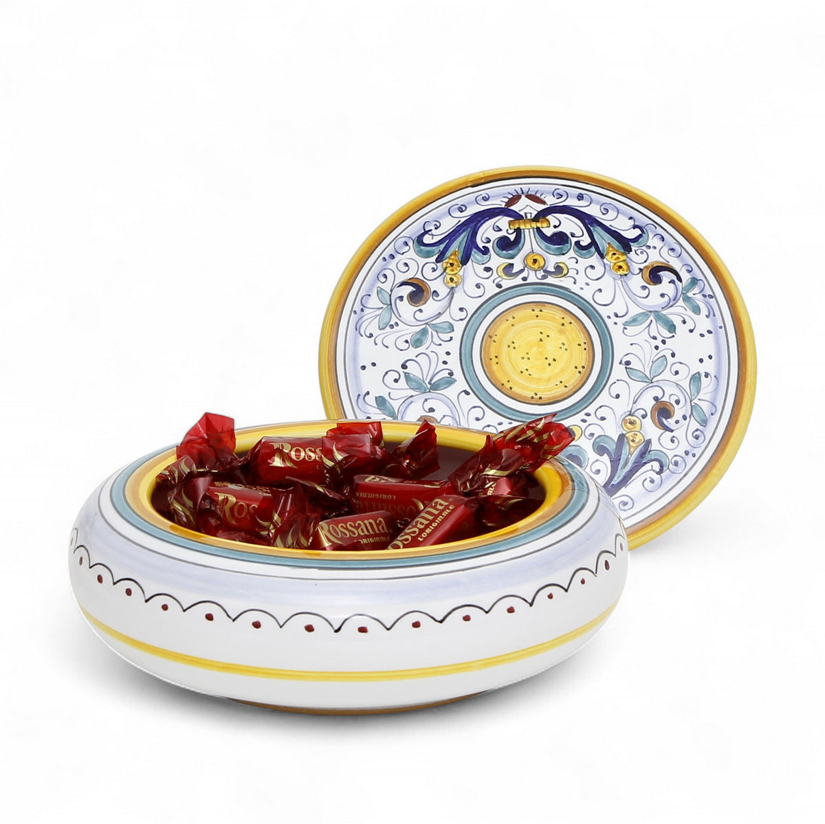LOVE.ly Deruta Keepsake Round Box with 12 Baci Perugina or 20 ROSSANA Candies - RICCO DERUTA design