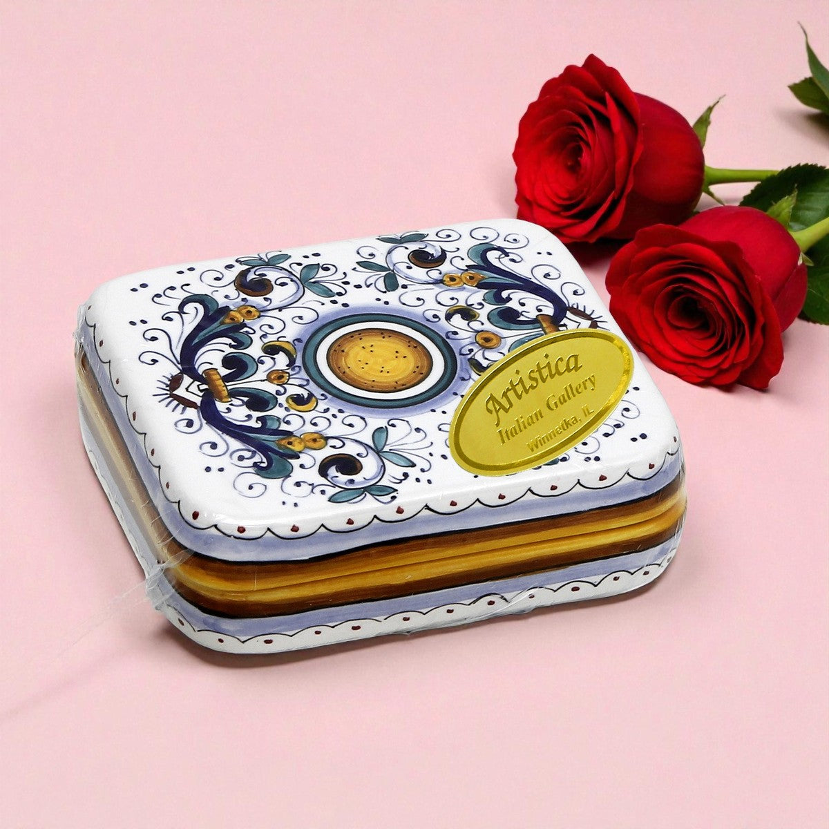 LOVE.ly Deruta Keepsake Rectangular Box with 12 Baci Perugina or 20 Rossana Candies - RICCO DERUTA design