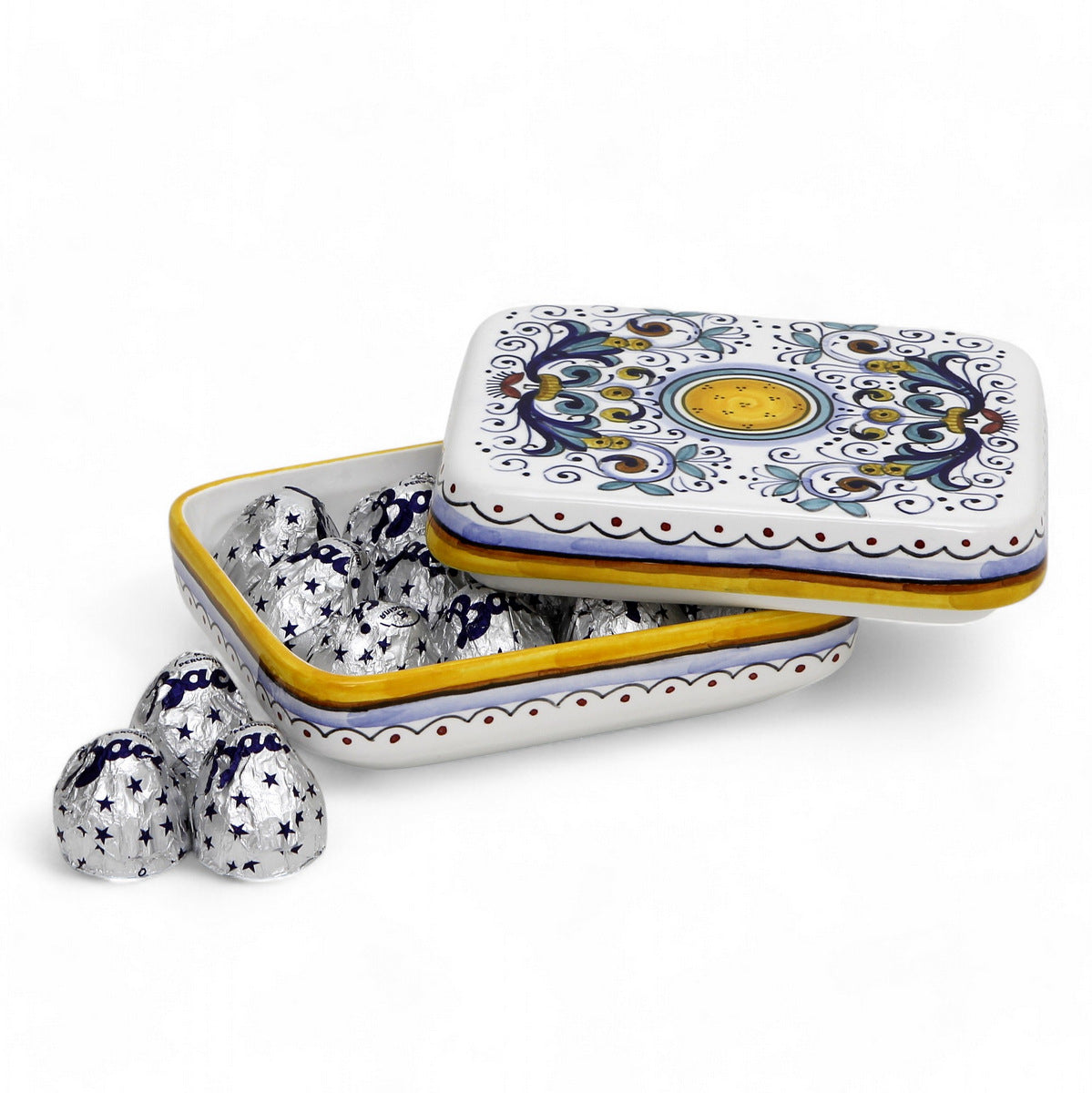 LOVE.ly Deruta Keepsake Rectangular Box with 12 Baci Perugina or 20 Rossana Candies - RICCO DERUTA design