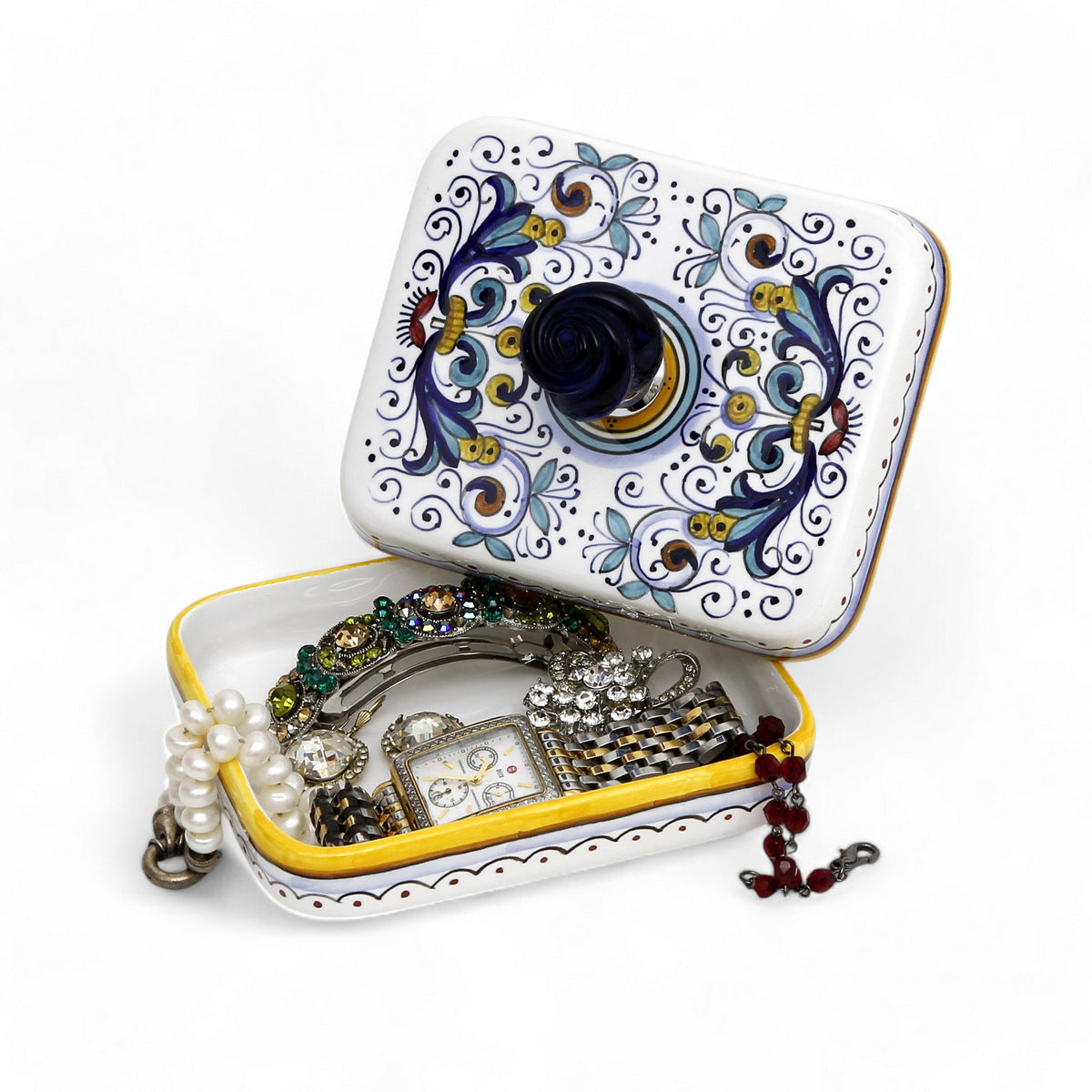 JEWERLY BOX: Authentic Deruta Keepsake Rectangular Box with Murano Knob - RICCO DERUTA design