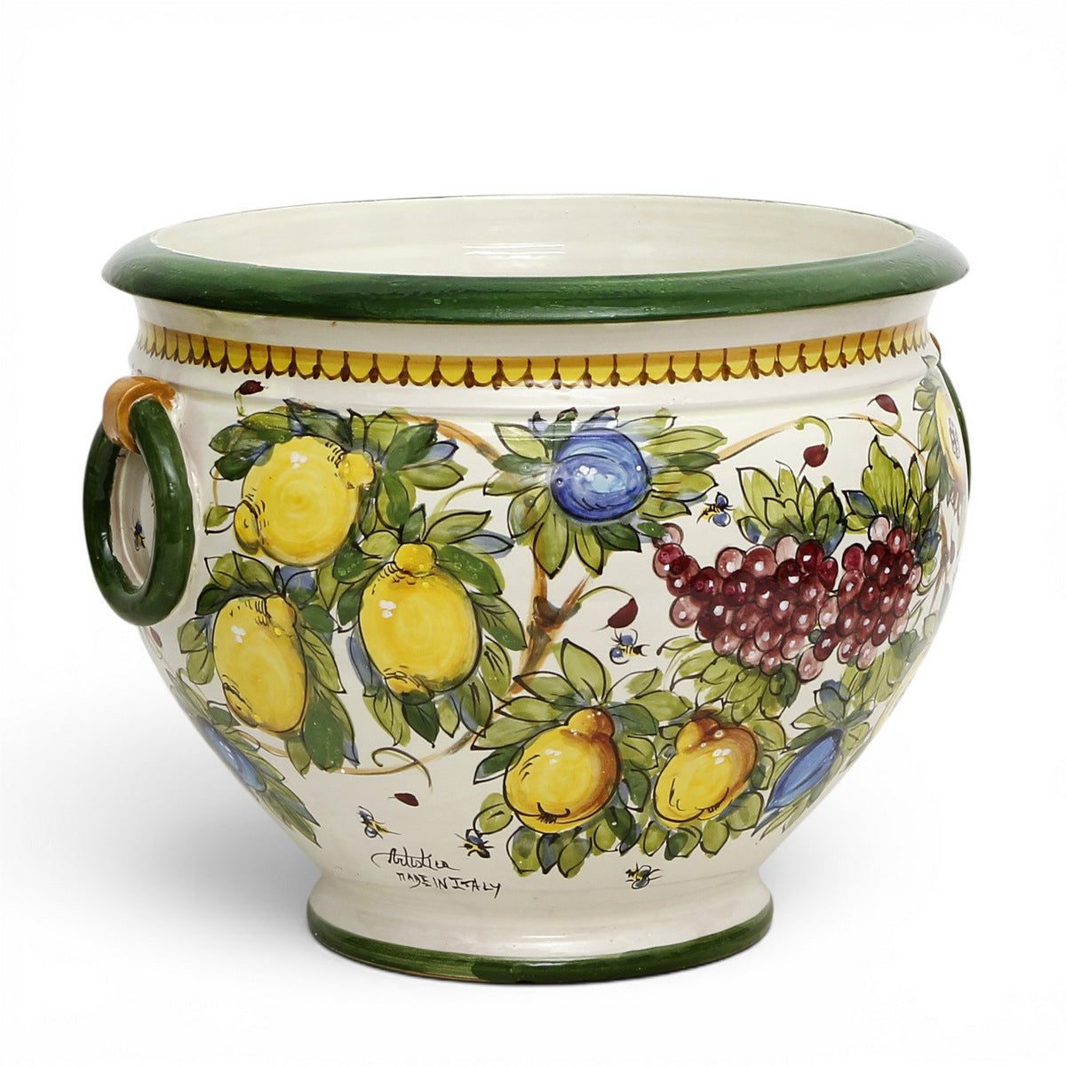 MAJOLICA LIMONI MONTELUPO: Round Tuscan cachepot/planter with side rings (Large 17" Diam.)