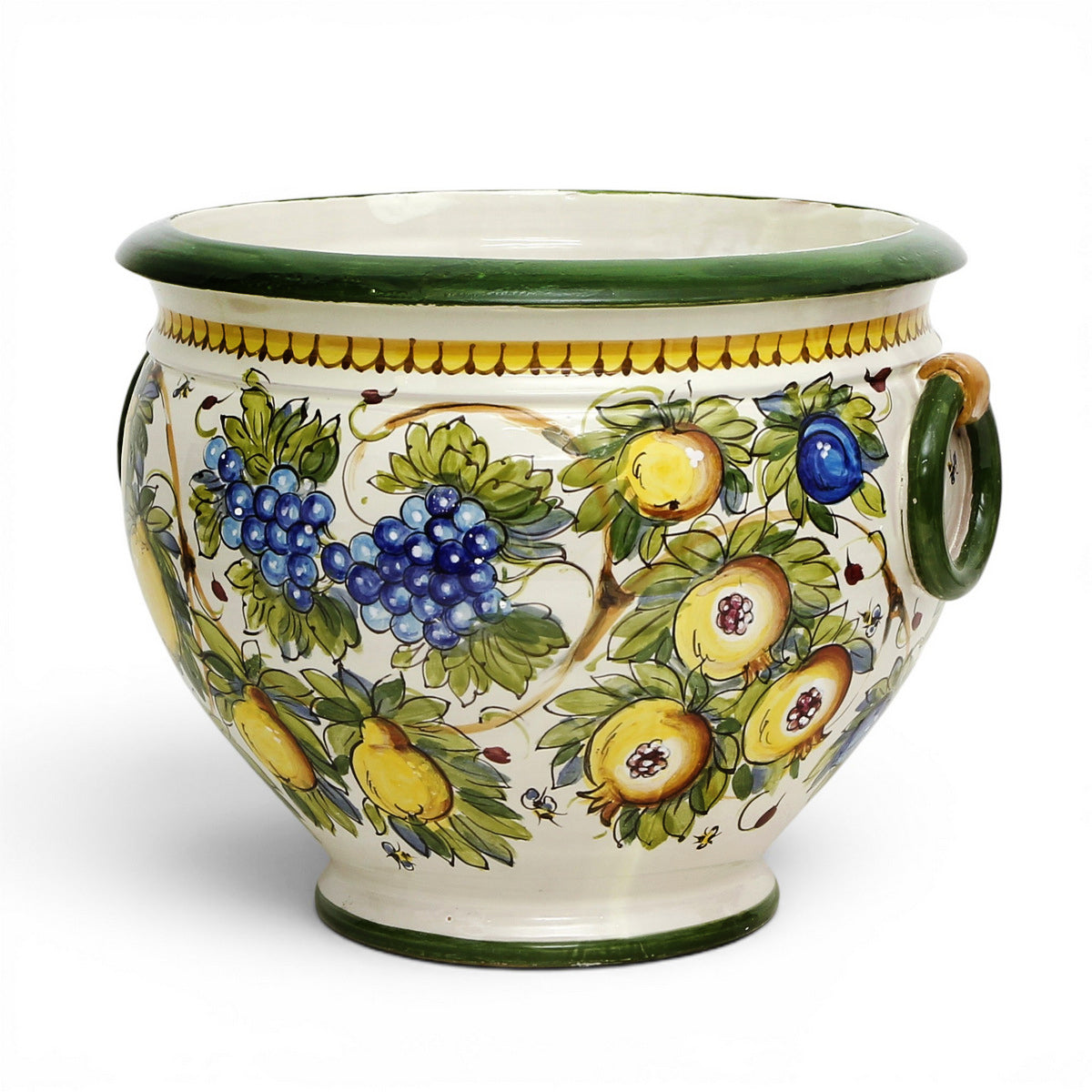 MAJOLICA LIMONI MONTELUPO: Round Tuscan cachepot/planter with side rings (Large 17" Diam.)