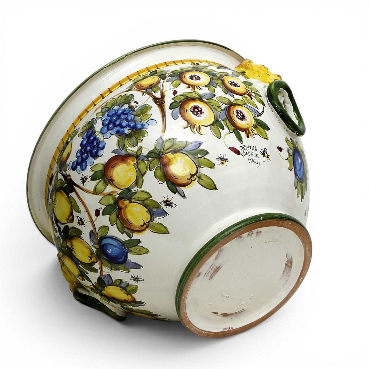 MAJOLICA LIMONI MONTELUPO: Round Tuscan cachepot/planter with side rings (Large 17" Diam.)