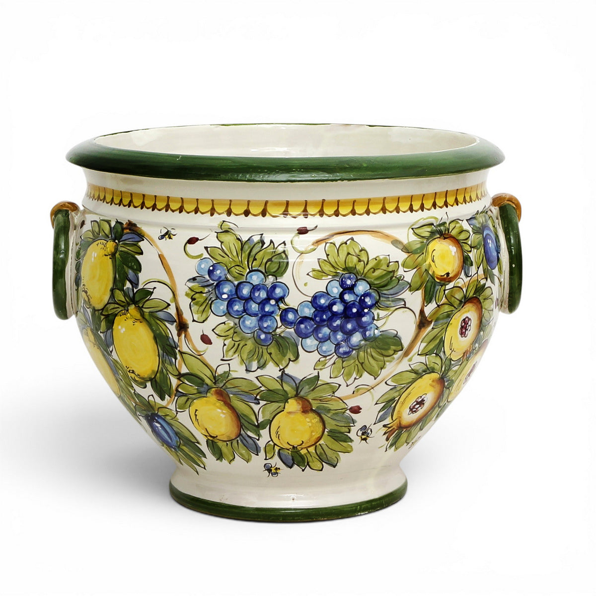 MAJOLICA LIMONI MONTELUPO: Round Tuscan cachepot/planter with side rings (Large 17" Diam.)