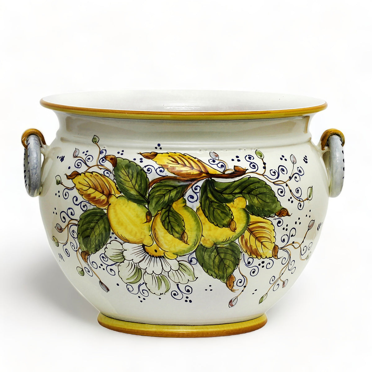 POSITANO: Round Tuscan cachepot/planter with side rings (Large 17" Diam.)