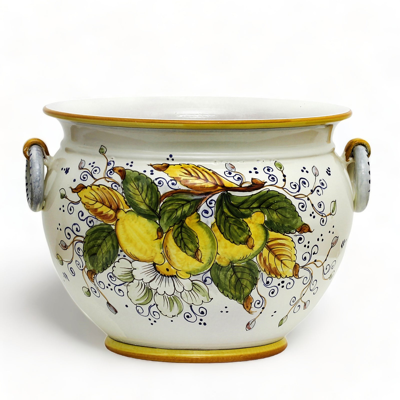 POSITANO: Round Tuscan cachepot/planter with side rings (Large 17" Diam.)