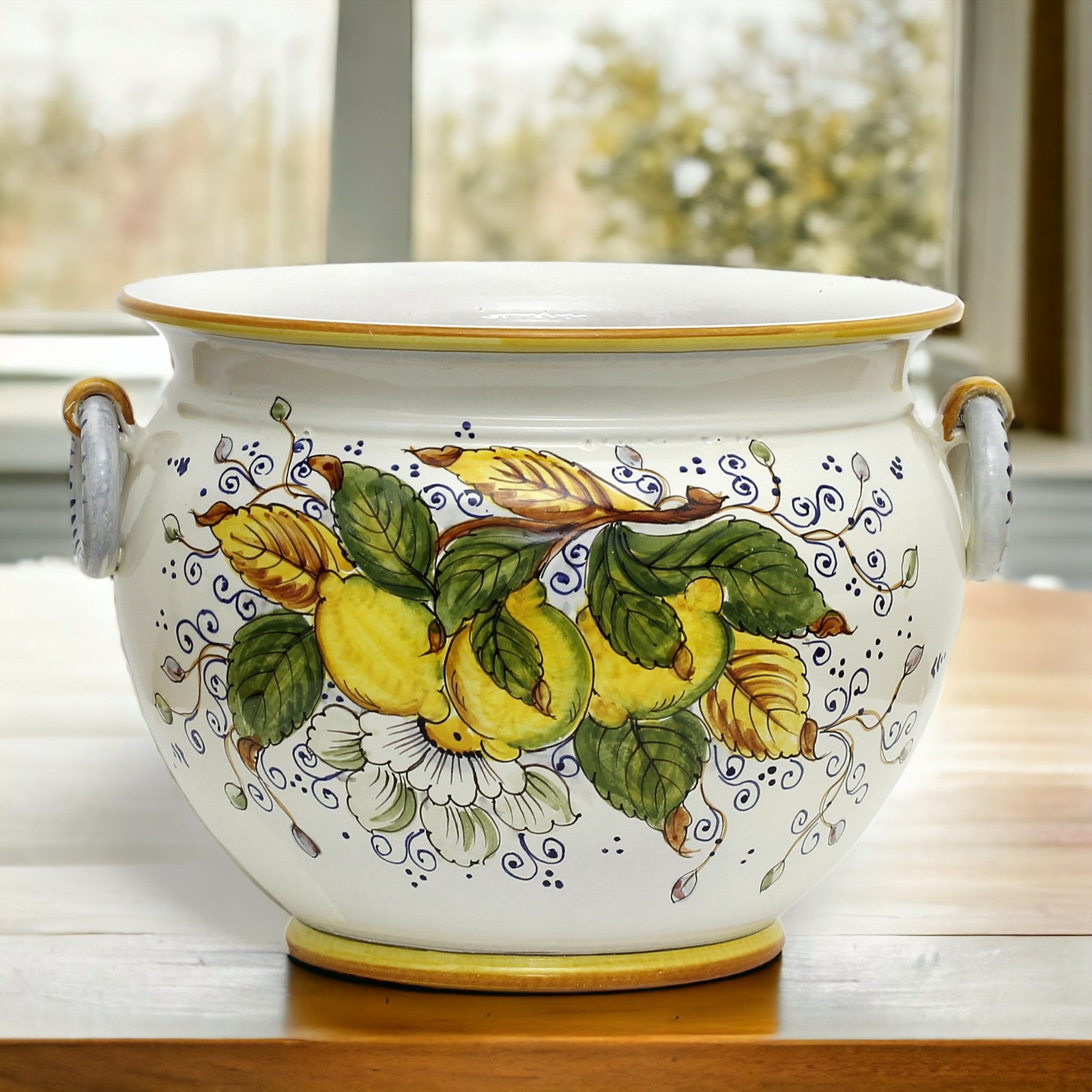 POSITANO: Round Tuscan cachepot/planter with side rings (Large 17" Diam.)