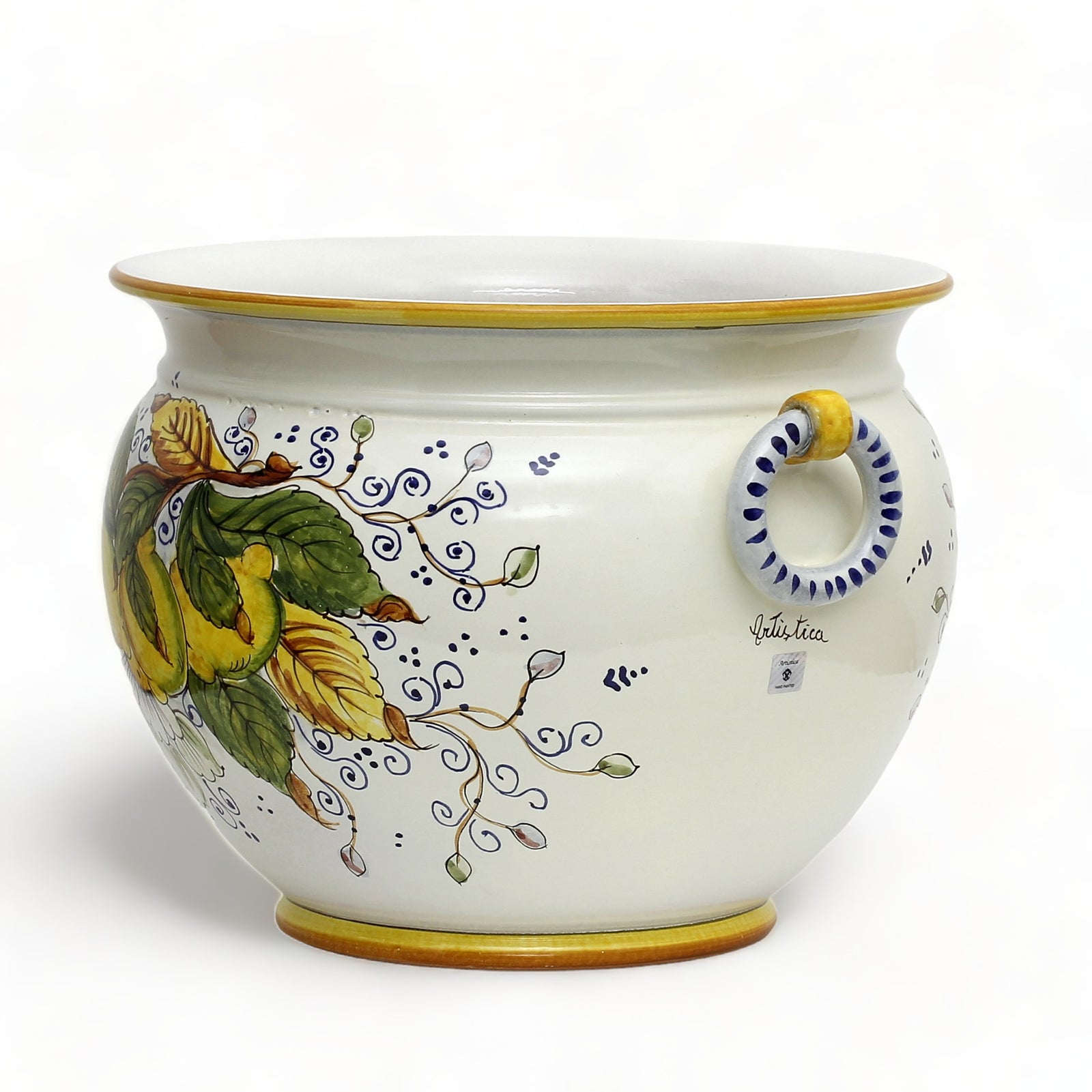POSITANO: Round Tuscan cachepot/planter with side rings (Large 17" Diam.)
