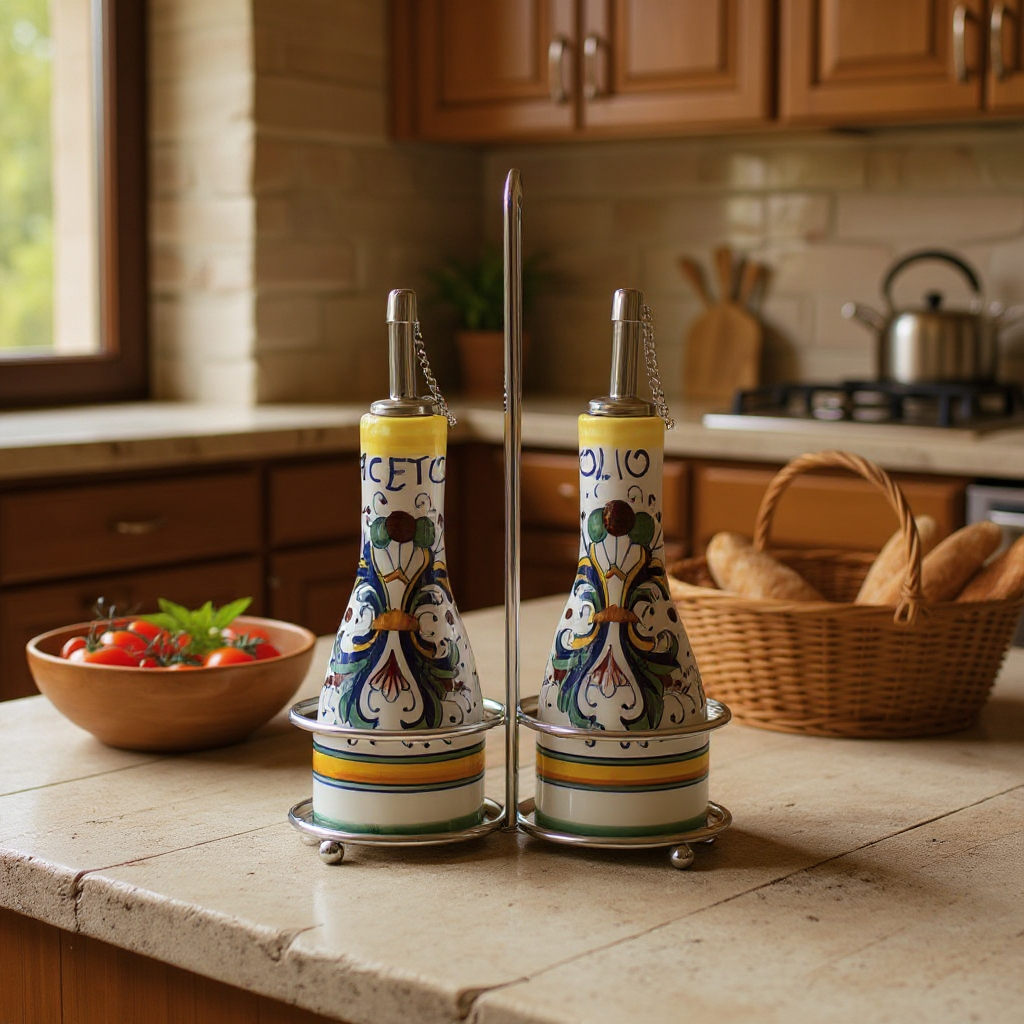 RICCO DERUTA: Oil and Vinegar (Olio - Aceto) 2-Bottles Cruet on Chrome Rack (6 Oz)