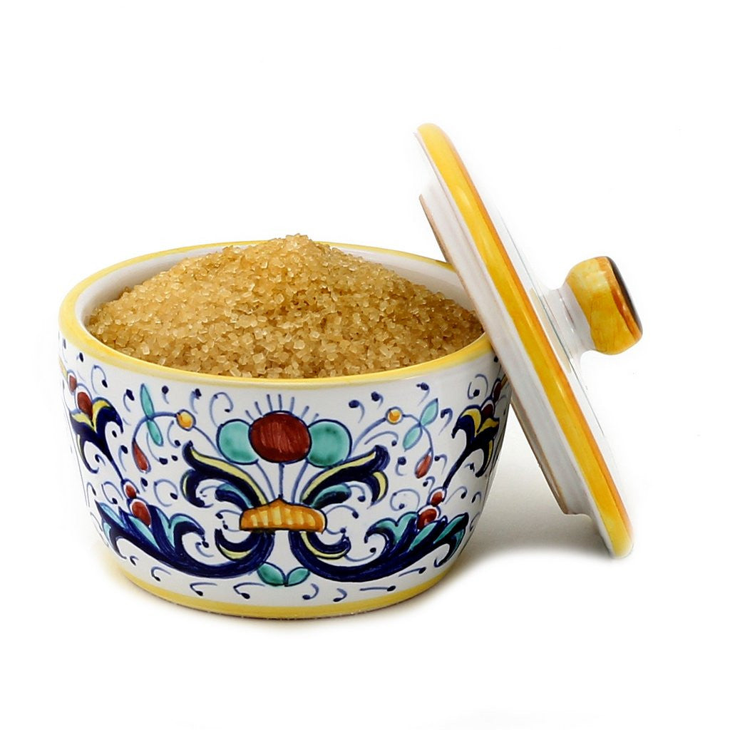 GIFT BOX: With authentic Deruta hand painted ceramic - Sugar Bowl with lid Ricco deruta Design