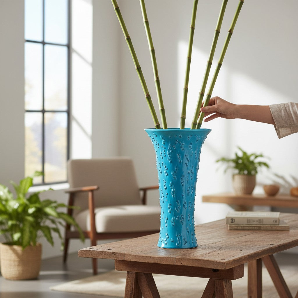 GOCCIE: Mediterranean Blue Large Flared Vase - Water-Drop Motif mimicking the rhythmic ripples of the ocean.