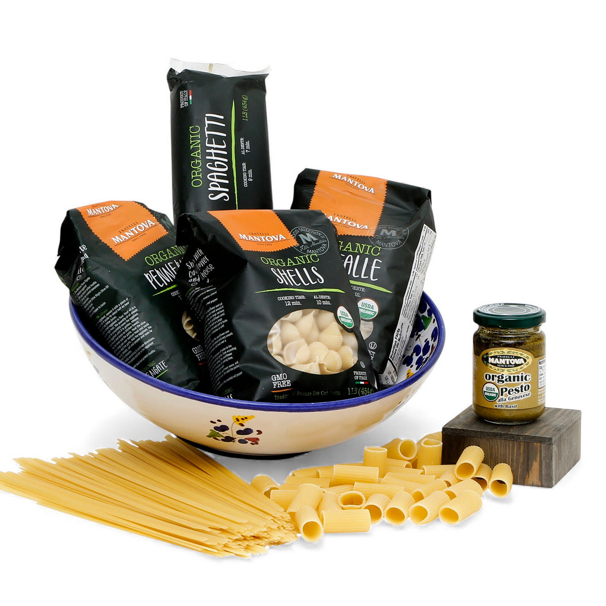 GIFT BUNDLES: Deruta Pasta Bowl with 4 Organic Pasta + Pesto Sauce - ARABESCO BLUE design