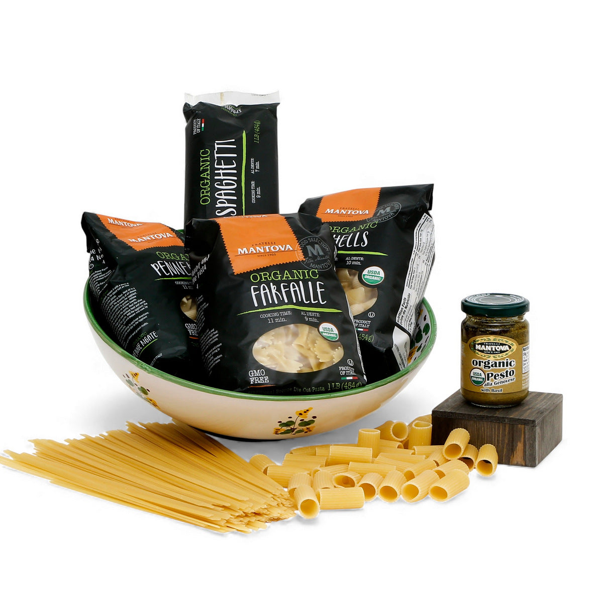 GIFT BUNDLES: Deruta Pasta Bowl with 4 Organic Pasta + Pesto Sauce - ARABESCO VERDE design
