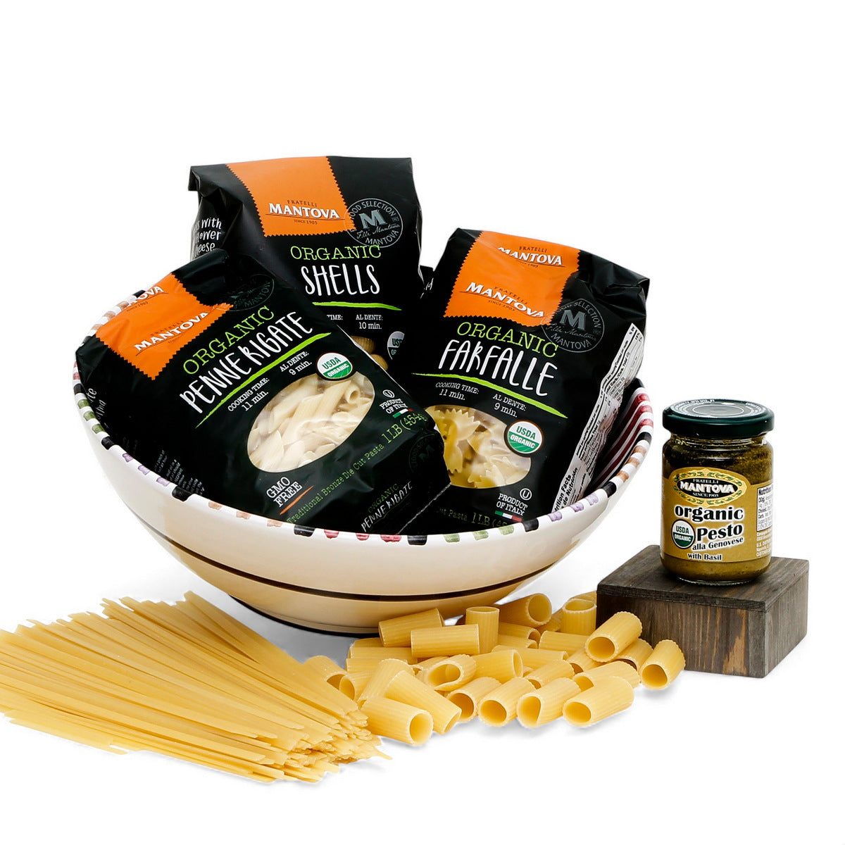 GIFT BUNDLES: Deruta Pasta Bowl with 3 Organic Pasta + Pesto Sauce - BELLO design