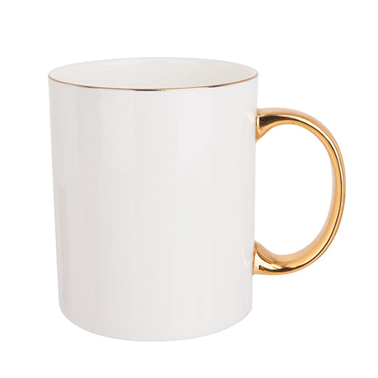 SUBLIMART: Bone China Mug with rim and handle in Gold - CUSTOMIZABLE - with name or pictures. (11 Oz)