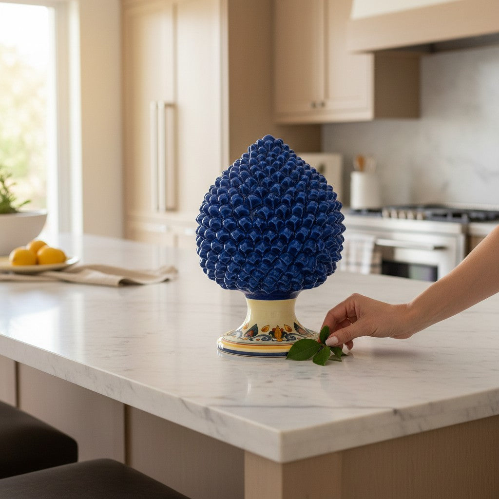 SICILIAN PINECONE: Ceramic 'Pigna Siciliana' Handcrafted with decorated pedestal - BLUE