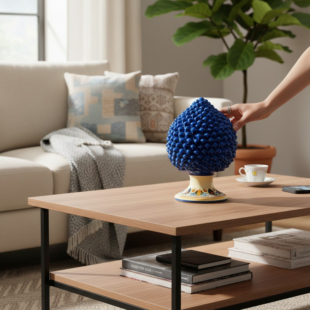 SICILIAN PINECONE: Ceramic 'Pigna Siciliana' Handcrafted with decorated pedestal - BLUE