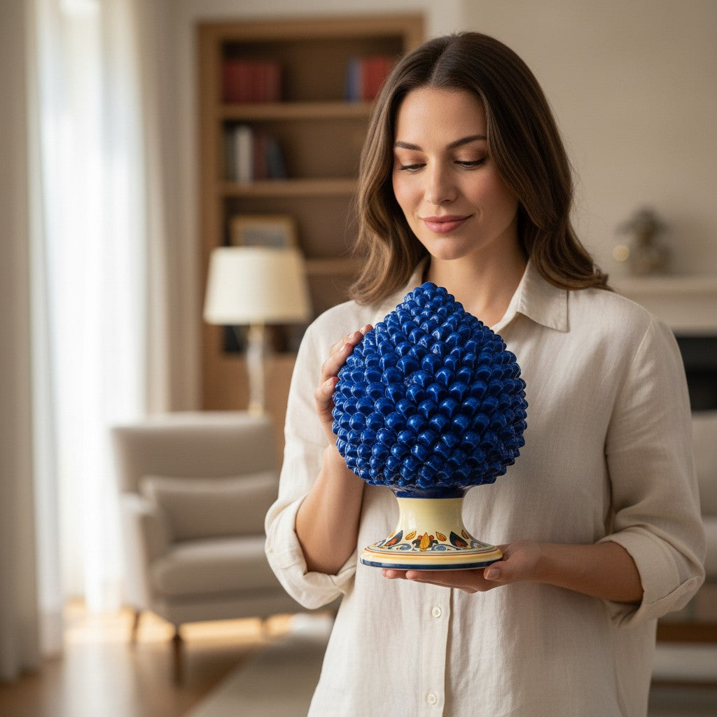 SICILIAN PINECONE: Ceramic 'Pigna Siciliana' Handcrafted with decorated pedestal - BLUE